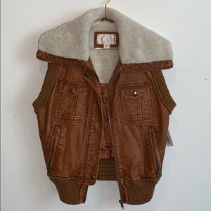 Brown vegan leather, faux fur lined bomber vest